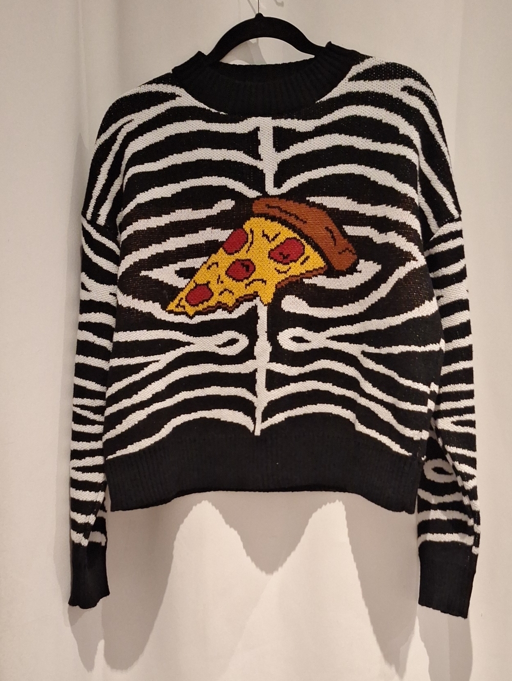 Zara Black & White Zebra Stripe Sweater with A Slice Of Pizza Print